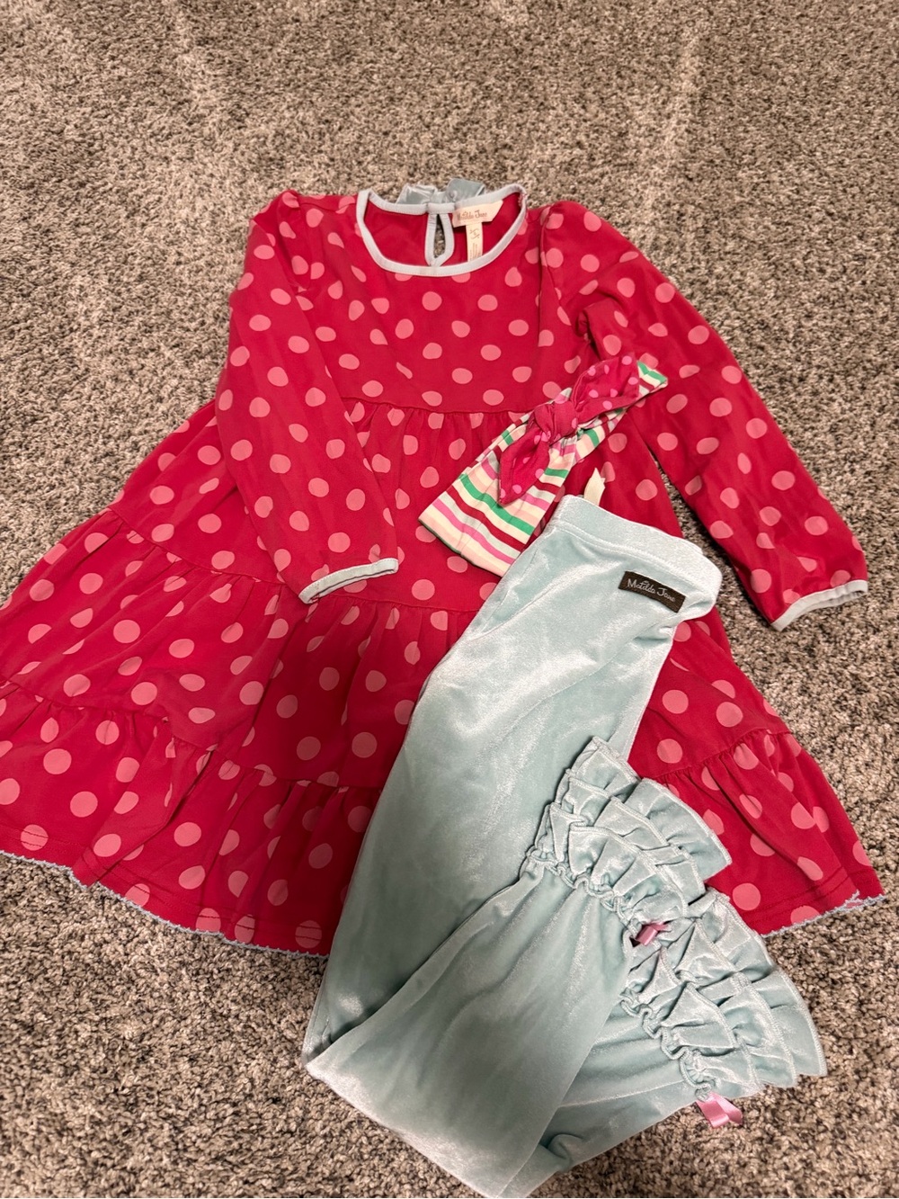 Matilda JanePink Polka Dot Dress with Mint Velvet Ruffle Pants and Headband